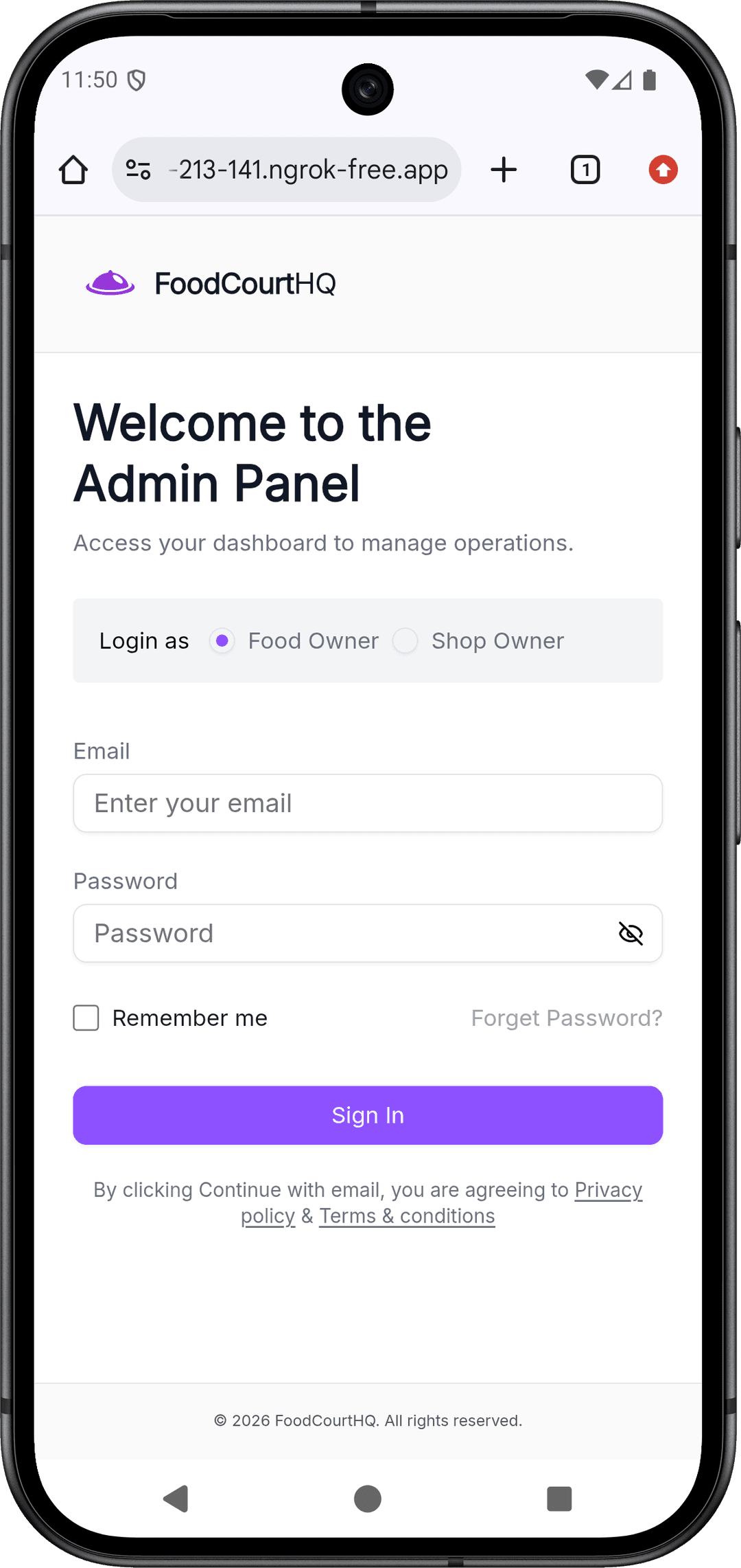 FoodCourtHQ admin panel showing menu management