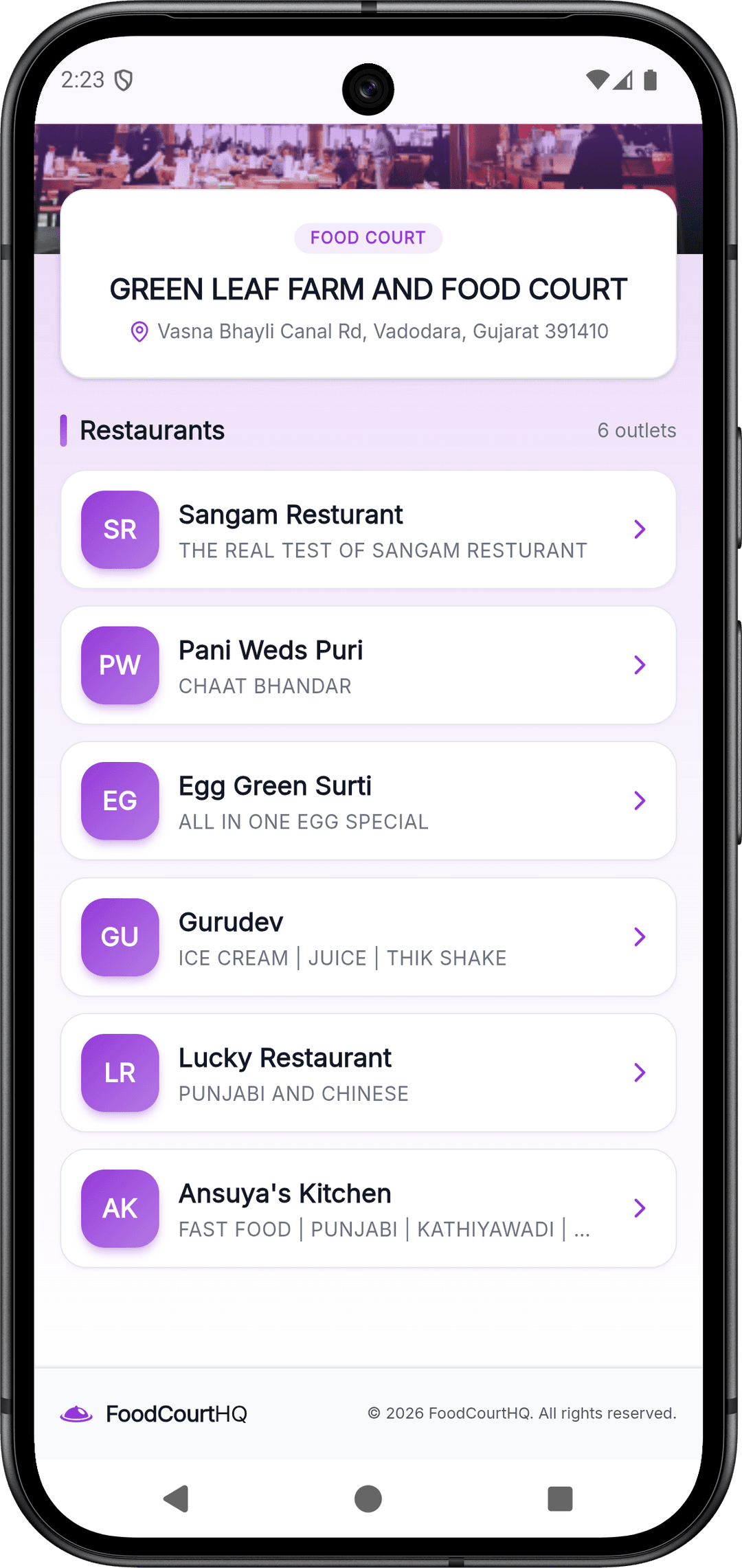 Customer-facing food court shop list